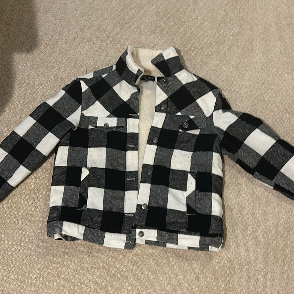 Black and white flannel sherpa coat